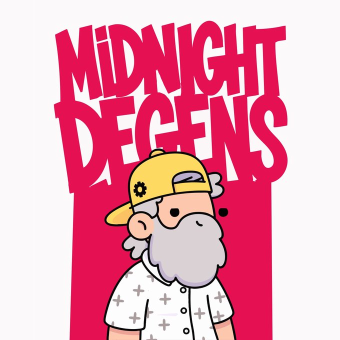 A stylized illustration for 'Midnight Defens' featuring a cartoon character with a long gray beard, a yellow cap, and a patterned shirt against a pink background.