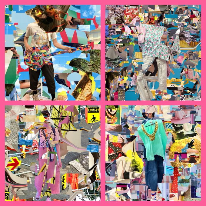 A four-panel collage set against a bright pink background, featuring figures wearing eclectic, brightly colored clothing surrounded by fragmented, surreal imagery.