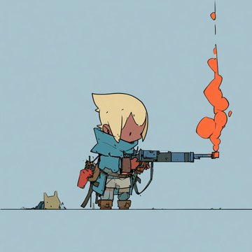 A chibi-style illustration depicts a small blonde character with a blue scarf firing a large gun, with red paint or liquid splattering from the barrel against a minimalist gray background.