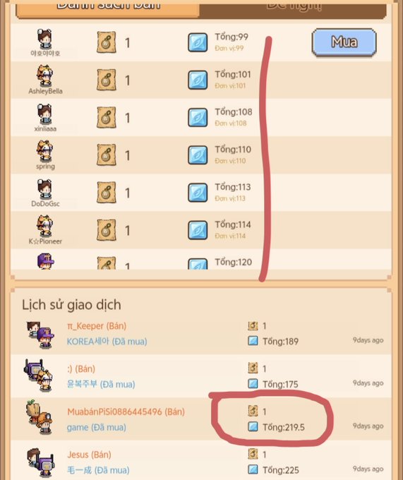 The image shows a game marketplace interface (likely CiDiGames) displaying listings where a key item can be purchased with "Tổng" (Total) prices ranging from 99 to 120, alongside a transaction history showing recent sales including "Mua bán PIS10886445496" at 219.5. The user's post about selling 220 Sigil and buying just under 100 Sigil suggests they are analyzing these price trends to illustrate their short-term versus strategic vision in trading.