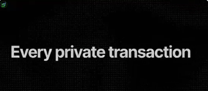 A dark, grainy screen displaying the white text "Every private transaction" with a small green logo in the corner.