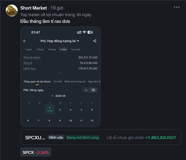 Screenshot of a Facebook post from 'Short Market' showing a Binance futures PnL statement for ticker SPCXU with a 1-month profit of 252,331.72 USD and a daily loss of +1,883.82 USDT.