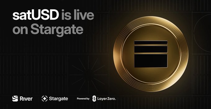 A promotional graphic displays the text 'satUSD is live on Stargate' alongside logos for River, Stargate, and LayerZero.