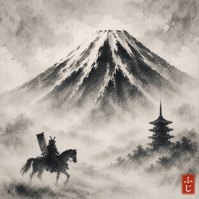 A traditional Japanese-style ink wash painting depicting a samurai on horseback in the foreground with a pagoda and snow-capped Mount Fuji in the misty background, marked with a red 'ふじ' seal.