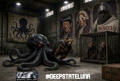 A sinister scene features a tentacled creature and a hooded figure in a warehouse setting, with an octopus symbol and "SKNECEL" signage visible in the background. The caption "One shop open... One Lunatic in the hall... Search Deep State... We Cometh... $LUNA - #DEEPSTATE - #DEFI" appears alongside the @DEEPSTATELUNA handle, reinforcing the dark, conspiracy-themed crypto branding.