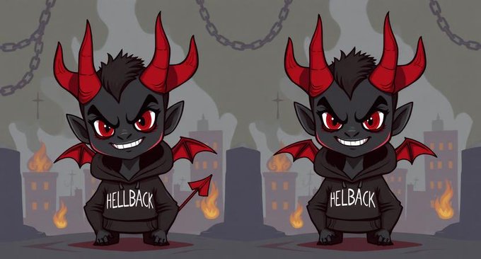 Two identical cartoon devil characters with red horns, wings, and hoodies reading 'HELBACK' stand against a fiery cityscape background.