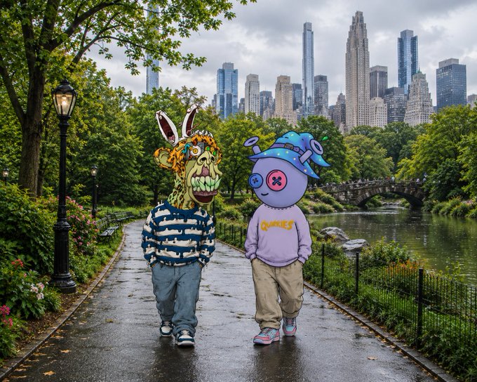 Two cartoonish characters—one with a monstrous yellow head wearing bunny ears and a striped shirt, the other a purple figure with buttons for eyes and a stitched mouth—stand on a park pathway with the New York City skyline in the background.