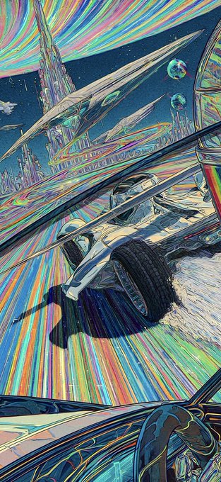 A vibrant, psychedelic artwork depicts a futuristic racing car speeding through a colorful, cosmic cityscape with towering spires.