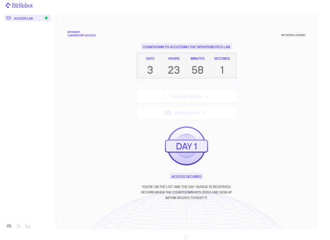 A BitRobot 'Access Lab' page showing a countdown timer (3:23:58:1) to accessing the OpenRobotics Lab, marked 'Day 1' with 'Access Secured' confirmation.
