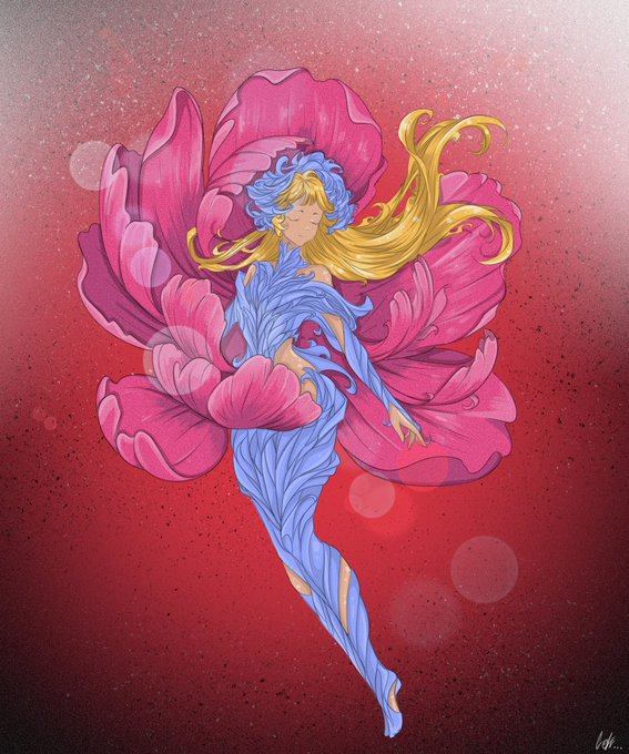 A fantasy digital painting of a blonde woman in a flowing blue dress, enveloped by large pink flower petals against a sparkling red and pink background.