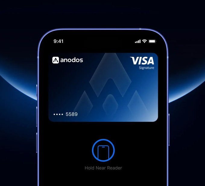 A smartphone displays the Anodos Visa Signature card (ending in 5589) ready for contactless payment, with a "Hold Near Reader" prompt, promoting the Anodos Finance waitlist for early access to their crypto-linked payment card.