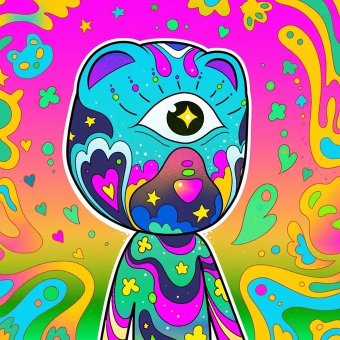 A vibrant, colorful digital illustration of a stylized alien-like figure with a single large eye, surrounded by stars and hearts on a bright psychedelic background.