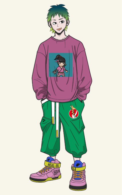 An anime-style illustration of a character with spiky green hair wearing a purple sweatshirt, green cargo pants, and colorful pink and yellow sneakers, with a cartoon figure on the shirt.