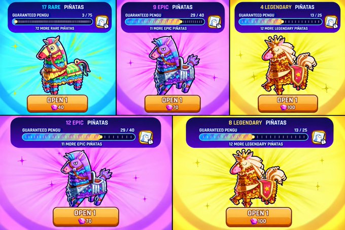 A colorful game interface offering pinata prizes, featuring buttons to 'OPEN 1' for 40, 70, or 100 gems across categories like '17 RARE PIÑATAS' and '9 EPIC PIÑATAS' with progress bars for 'GUARANTEED PENGU'.