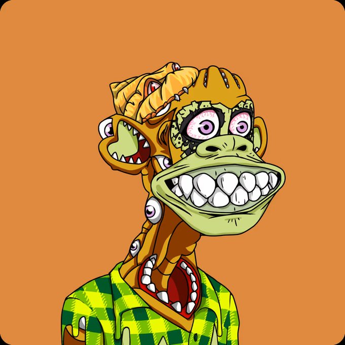 A surreal cartoon illustration depicts a grotesque character with a wide, toothy grin wearing a green and yellow checkered shirt. The character's neck is a chaotic mass of smaller, monstrous mouths, eyes, and teeth against a solid orange background.