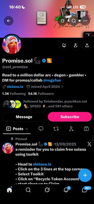 Twitter/X profile screenshot for Promise.sol (@sol_promise) with bio text "Road to a million dollar arc • degen • gambler • DM for promos/collab @rugsfun," showing 1.3K Following, 54.1K Followers, and a pinned post about claiming free Solana using Toolkit.