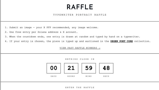 A raffle page titled 'RAFFLE - TYPEWRITER PORTRAIT RAFFLE' with rules for submitting an X PPF image and a countdown timer showing 00 days, 21 hours, 59 minutes, 48 seconds until entries close.
