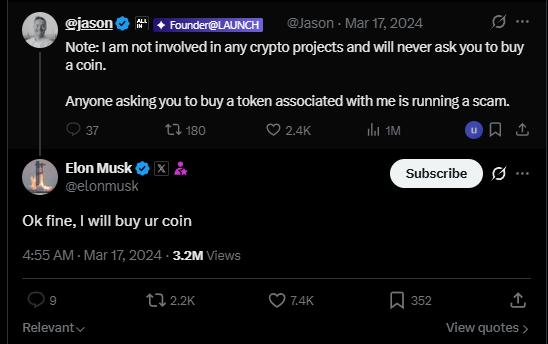 A screenshot of tweets where @jason warns about crypto scams and Elon Musk replies 'Ok fine, I will buy ur coin'.