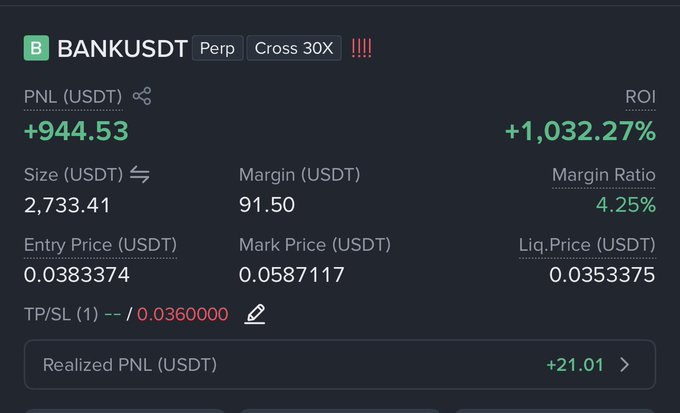 The image shows a perpetual futures trading position on the $BANKUSDT pair with 30x cross leverage, displaying a substantial unrealized profit of +944.53 USDT (+1,032.27% ROI) from an entry price of 0.0383374. The dramatic ROI illustrates the post's celebration of $BANK's explosive price action across a series of rapidly increasing price targets.