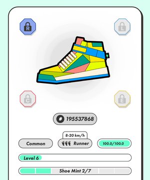 A digital collectible card showing a colorful high-top sneaker labeled 'Common' at Level 6, with stats '8-20 km/h', 'Runner', and '100.0/100.0', requiring 2/7 Shoe Mint tokens.