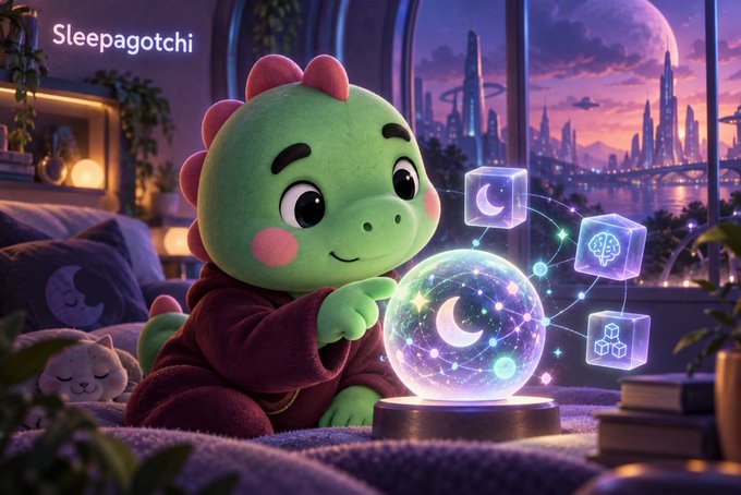 A cute green dinosaur character in pajamas interacting with a glowing crystal ball containing a crescent moon, with floating cubes showing a brain and boxes icon, set in a cozy bedroom with a city skyline at night; text reads 'Sleepagotchi'.