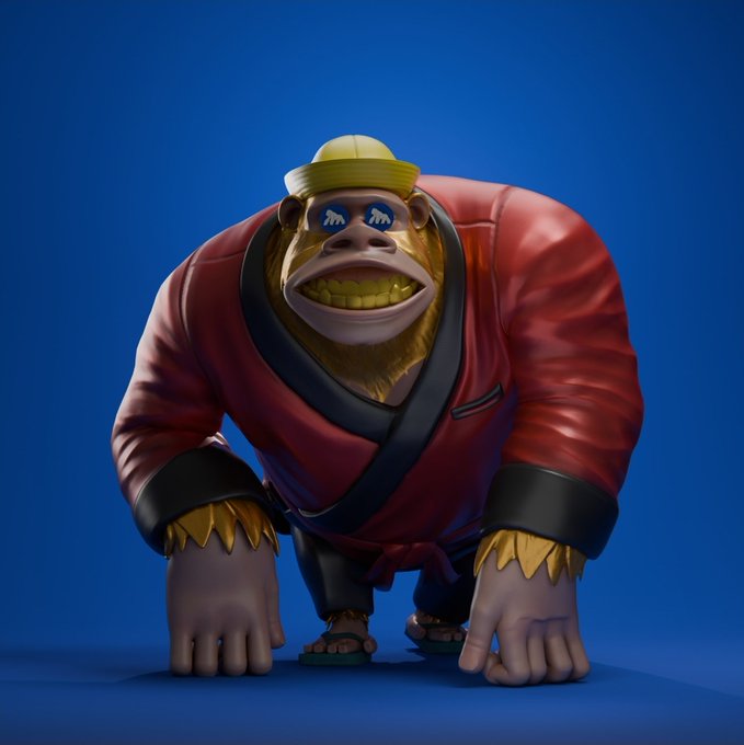 A 3D-rendered anthropomorphic ape character in a red robe, yellow headband, and sunglasses crouches on all fours against a solid blue background. The image serves as a stylized profile picture or PFP (picture-for-picture) for the crypto/NFT account @GeezOnApe, matching the "GM" (good morning) greeting typical in the NFT community.
