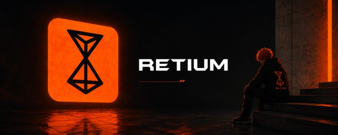 A promotional graphic for "RETIUM" features a glowing orange hourglass-shaped logo and a hooded figure sitting on concrete steps in a dark, neon-lit environment.