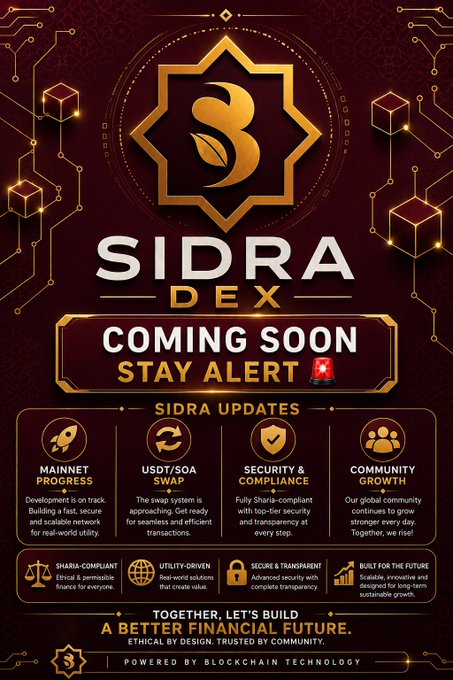 A promotional poster for SIDRA DEX announcing its upcoming launch with a "COMING SOON - STAY ALERT" banner, highlighting updates including Mainnet Progress, USDT/SOA Swap, Security & Compliance, and Community Growth, all emphasizing their Sharia-compliant, ethical financial platform powered by blockchain technology.