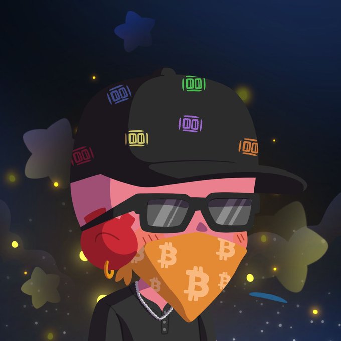 A cartoon character wears a black cap decorated with neon Bitcoin logos, dark sunglasses, a gold earring, and a orange bandana printed with the "B" Bitcoin symbol, set against a starry night background. The image's crypto-themed attire aligns with the post "Intern picking now," suggesting the user is actively making investment picks.