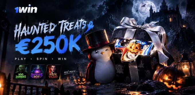 A Halloween-themed promotional banner for '1win' advertising 'HAUNTED TREATS €250K' to 'PLAY · SPIN · WIN,' featuring a cat in a top hat, a jack-o'-lantern gift box, and thumbnails for '100 Zombies,' 'Voodoo Pot,' and 'Book of Vlad.'