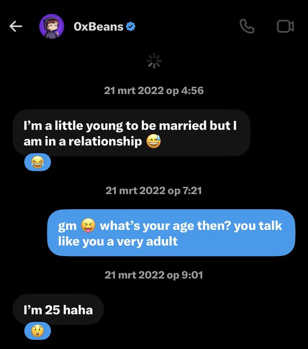 A text conversation screenshot with user 'OxBeans' claiming to be 'a little young to be married' and revealing they are 25 years old.