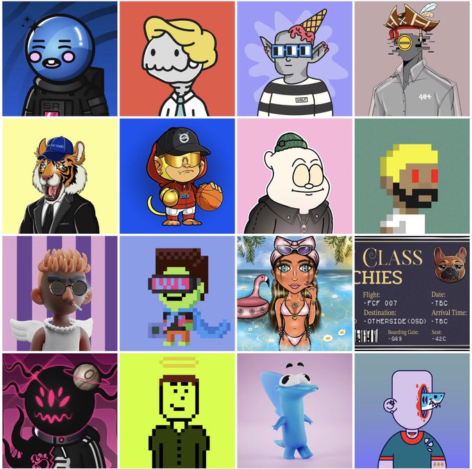 A 4x4 grid of colorful digital character avatars featuring various stylized figures including animals, humans, and pixel art designs on different colored backgrounds.