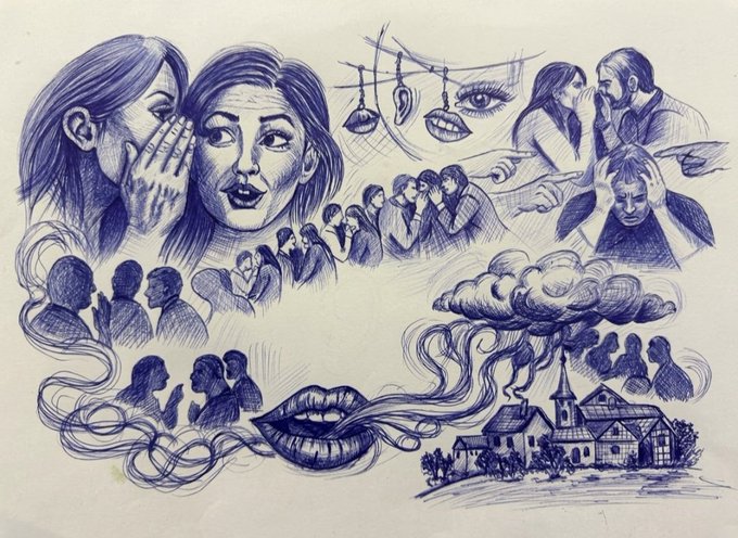An artistic pen sketch illustration depicting themes of gossip and rumors, featuring whispering figures, stylized eyes, ears, lips, and a church scene with smoke emanating from the building.
