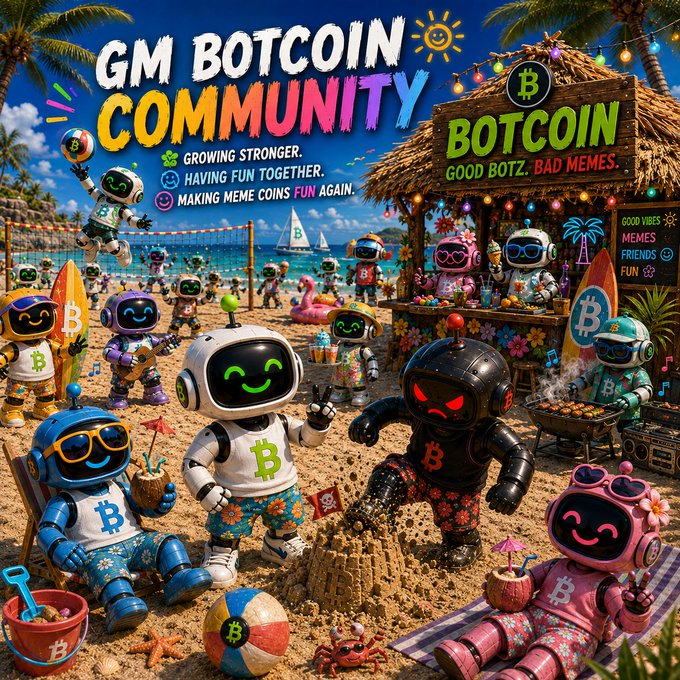 A vibrant promotional graphic titled "GM BOTCOIN COMMUNITY" featuring various cartoon robots with Bitcoin logos enjoying a beach day, with text reading "GROWING STRONGER. HAVING FUN TOGETHER. MAKING MEME COINS FUN AGAIN." and "GOOD BOTZ. BAD MEMES."