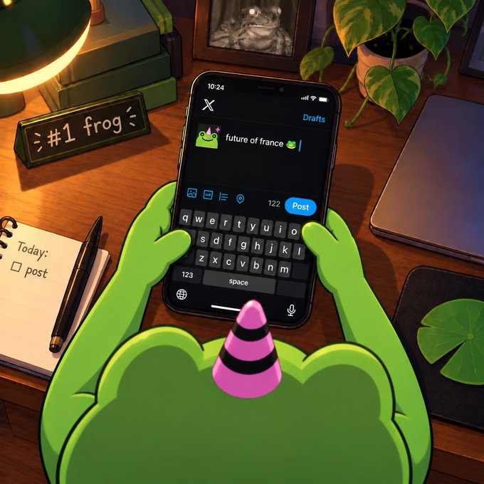 An anime-style illustration of a green frog character typing on a smartphone, composing a post on X (Twitter) that reads 'future of france' with frog emojis, set on a desk with a '#1 frog' sign and a 'Today: post' checklist.