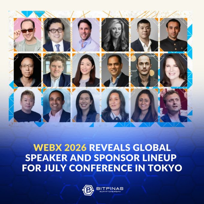 A promotional graphic for "WEBX 2026" showing 18 headshots of speakers, with text reading "WEBX 2026 REVEALS GLOBAL SPEAKER AND SPONSOR LINEUP FOR JULY CONFERENCE IN TOKYO" by BitPinas.