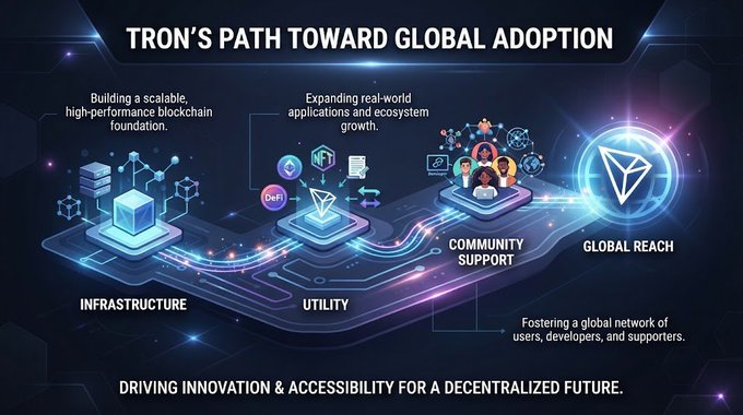 An infographic titled "TRON'S PATH TOWARD GLOBAL ADOPTION" showing four pillars: Infrastructure, Utility, Community Support, and Global Reach, with the TRON logo and tagline "DRIVING INNOVATION & ACCESSIBILITY FOR A DECENTRALIZED FUTURE."