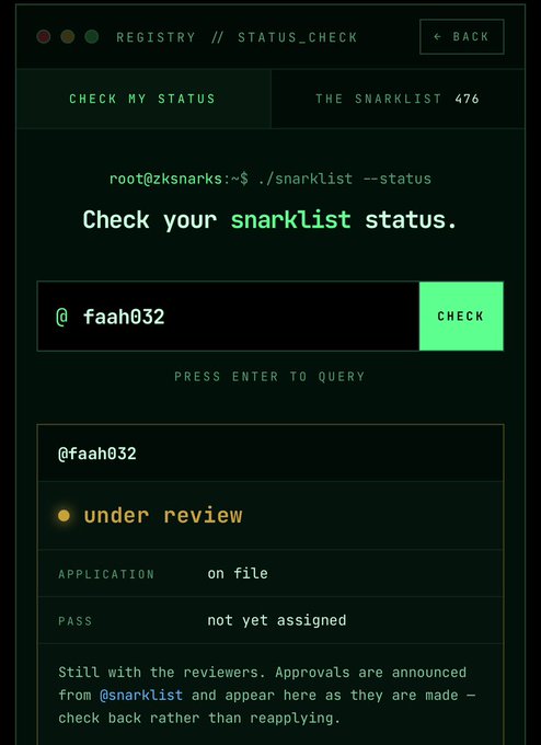 A website screenshot titled 'REGISTRY // STATUS_CHECK' showing a snarklist status check for user 'faah032' indicating 'under review' with the message 'Still with the reviewers. Approvals are announced from @snarklist.'