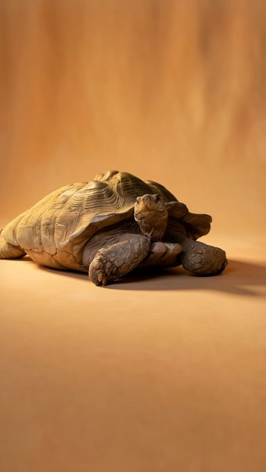 A tortoise with a brown, ridged shell rests on a sandy surface against a plain tan background.