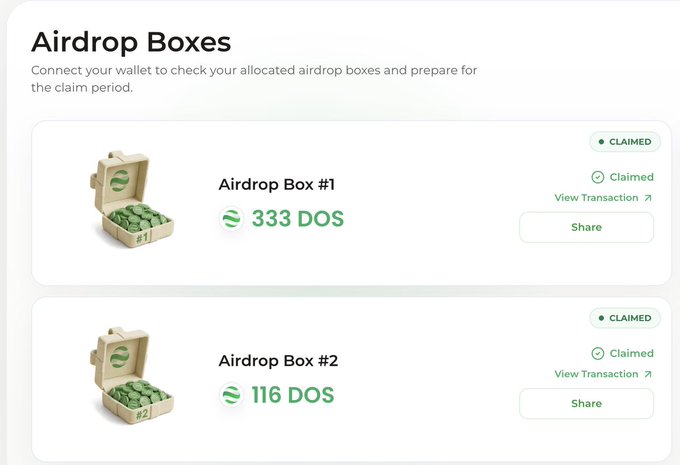 A webpage titled 'Airdrop Boxes' shows two claimed airdrop boxes containing a total of 449 DOS tokens, with options to view transactions or share.