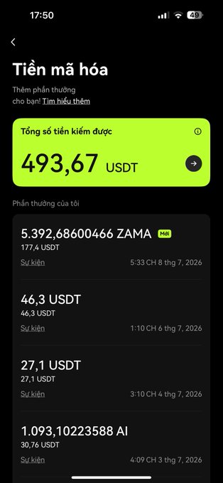 A Vietnamese-language crypto rewards screen titled 'Tiền mã hóa' showing total earnings of 493.67 USDT, with recent rewards including 5.39 ZAMA tokens (177.4 USDT), 46.3 USDT, 27.1 USDT, and 1.09 AI tokens (30.76 USDT), all dated July 2026.