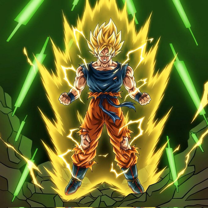A vibrant anime illustration of a Super Saiyan character resembling Goku, with spiky blonde hair and a glowing yellow aura, powering up while surrounded by green energy beams.
