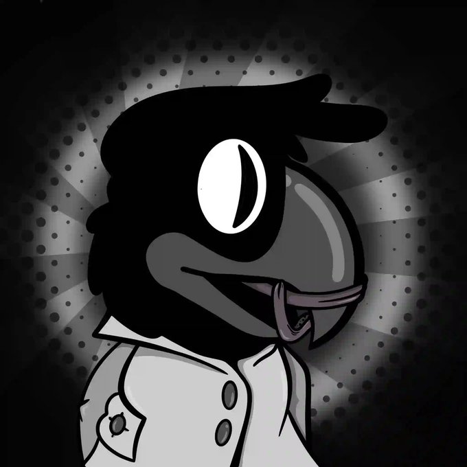 A cartoon crow/parrot with a large black head, white eyes, and a gray beak, wearing a light-colored jacket, is shown against a dark halftone dotted background. The stylized bird mascot relates to the post about "Squawktastic Parrots," serving as the PFP (profile picture) for the limited-edition 500-piece Bitcoin NFT collection.