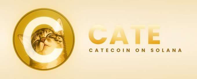 A promotional graphic for the cryptocurrency 'CATE' on the Solana blockchain, featuring a gold coin displaying a smiling cat's face.