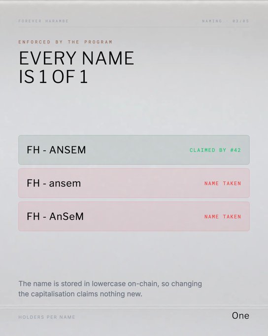A digital interface titled 'EVERY NAME IS 1 OF 1' showing name registration status for 'FH - ANSEM' with various capitalization variations marked as 'NAME TAKEN' or 'CLAIMED BY #42'.