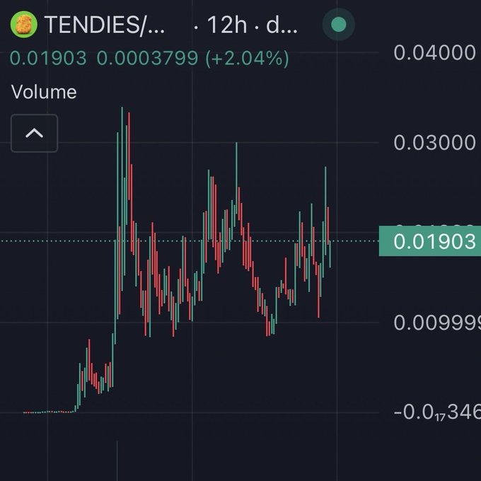 A 12h candlestick chart for the meme coin TENDIES shows a current price of 0.01903, up +2.04% (+0.0003799), with wild volatility ranging from a low near -0.013469 to highs above 0.03000. The chaotic price action—featuring a massive early spike followed by sharp swings—visually reinforces the post's mocking criticism of anyone still holding the token.
