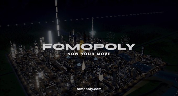 A dark promotional graphic shows a miniature illuminated city with the text “FOMOPOLY” and “NOW YOUR MOVE,” plus “fomopoly.com” at the bottom.