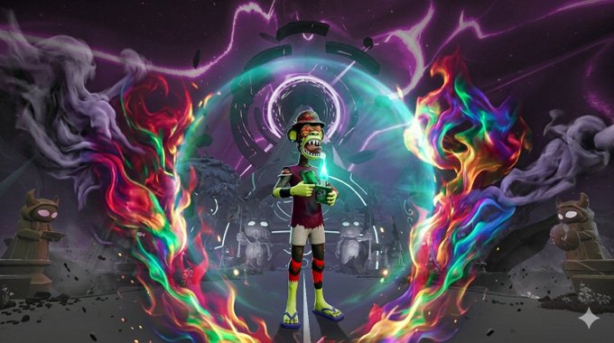 The image features a cartoon character with a green shirt, red shorts, and a hat standing in front of a large circle filled with colorful flames. The character appears to be holding a sword and shield, ready for battle or adventure. The background is dark purple, creating an intense atmosphere. In the bottom right corner of the image, there's text that reads "GM Happy Mutant Monday This is how it feels to pop a bubble in the magical @OthersideMeta".