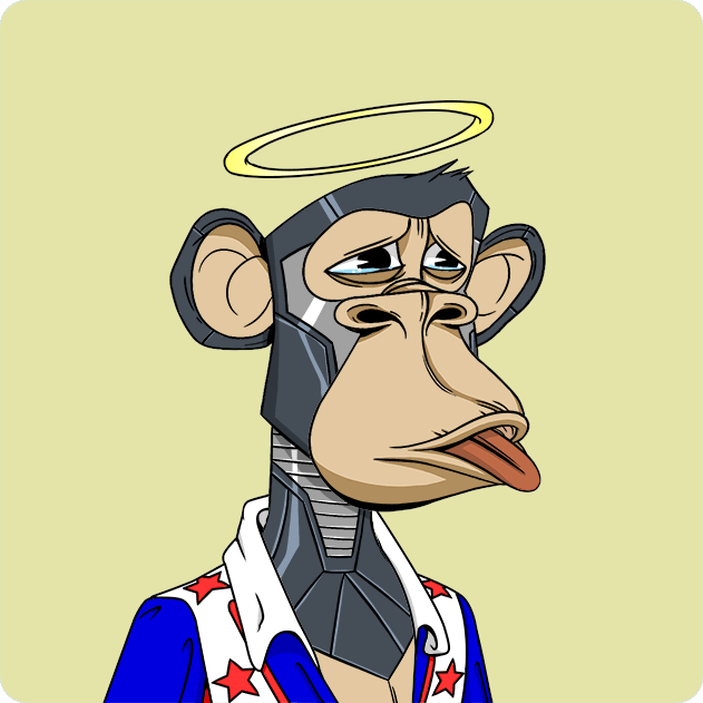 A digital illustration of a cyborg monkey with a halo above its head, wearing an American flag-themed jacket, with a tired expression and its tongue slightly out.