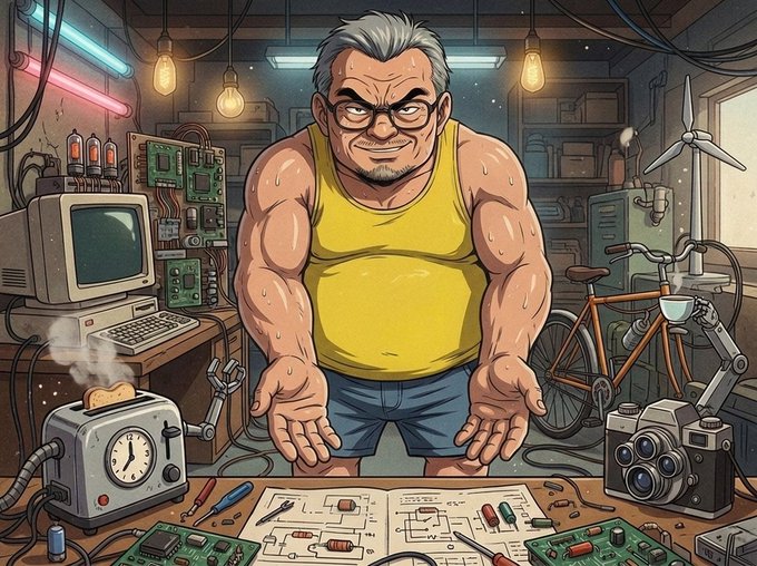 An illustration of a muscular, sweating older man in a yellow tank top standing in a cluttered workshop filled with vintage electronics, circuit boards, a bicycle, a camera, and a toaster, with blueprints on the workbench.